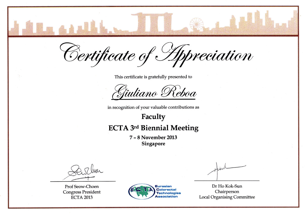 Certificate of Appreciation - E.C.T.A. 2013 - Singapore Certificate of Appreciation - E.C.T.A. 2013 - Singapore